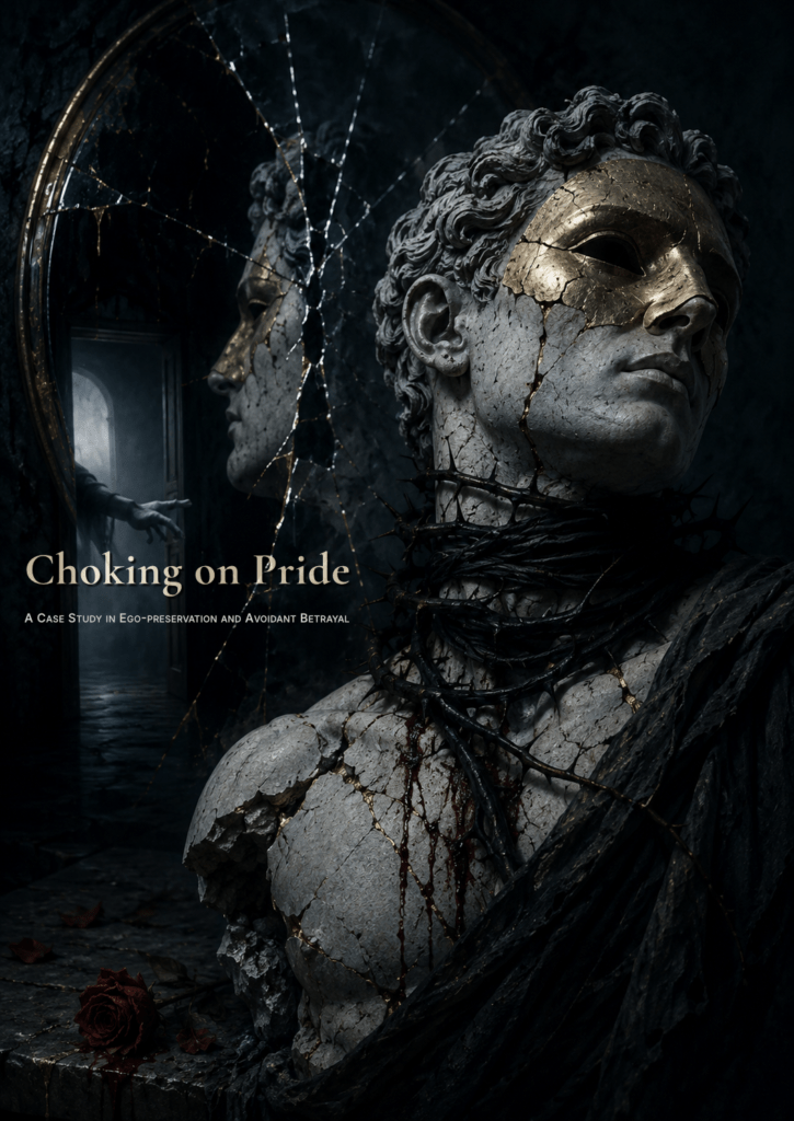 Cover image of a cracked marble bust with a gold mask and the title “Choking on Pride”
